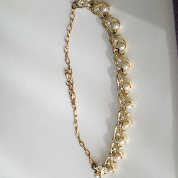 60s Choker Necklace Vintage Gold Tone Faux Pearls Faux Diamonds 15 Inch - Picture 5 of 10